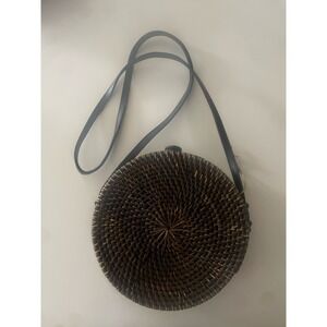Round Rattan Crossbody Bag Woven Straw Circle Purse Brown Floral Lining Boho